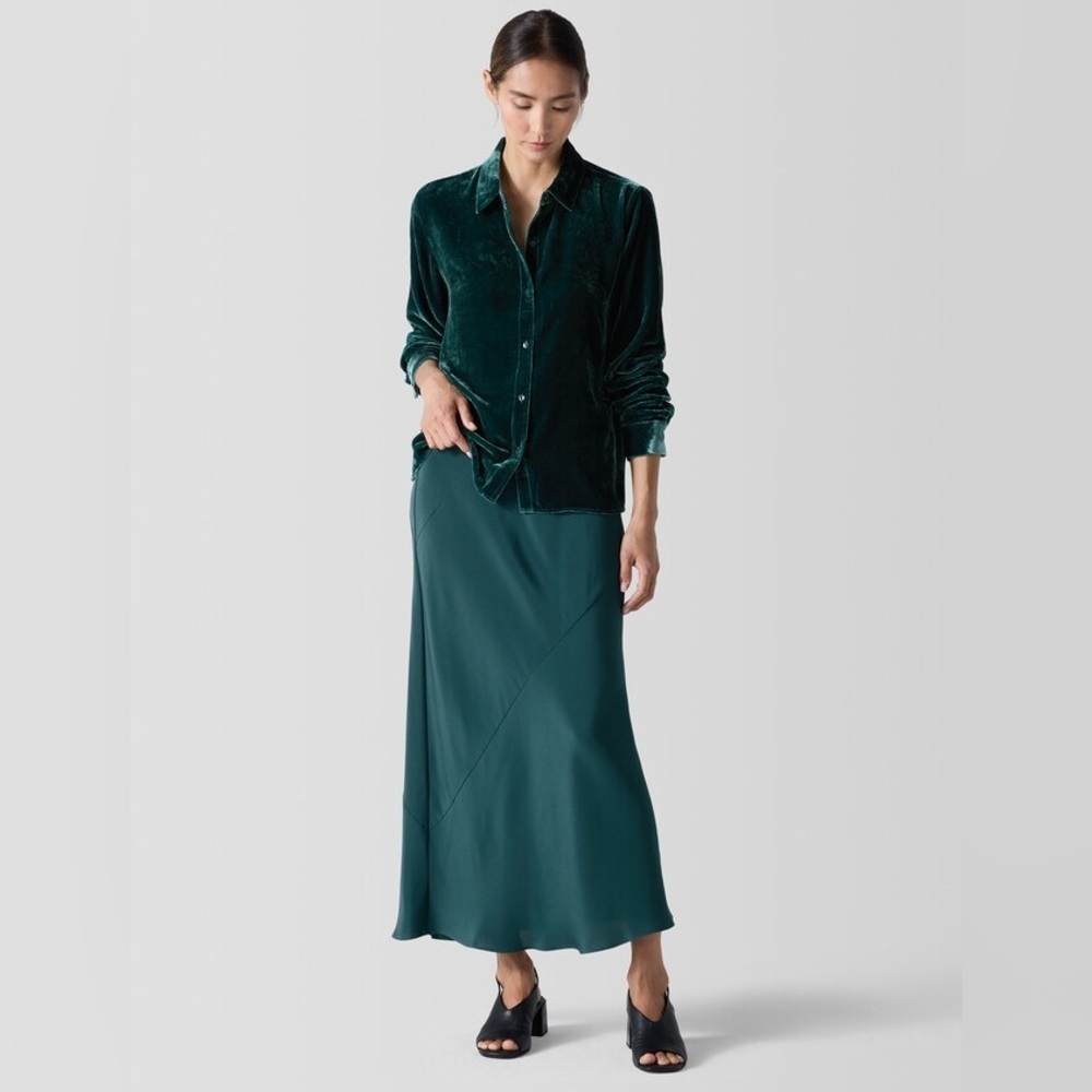 Eileen Fisher Silk Double Crepe Bias Maxi Skirt In Pine NEW